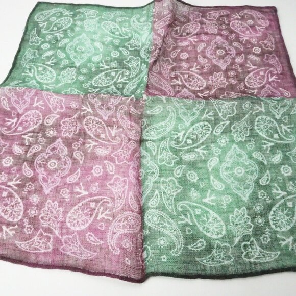 Isaia Green Purple Coral Paisley 100% Linen Pocket Square Italy New